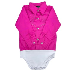 Body Infantil Laço Forte Modelo Camisa Manga Longa Rosa Maravilha Com Bordado De Cactus Com Strass Ref.432