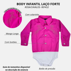 Body Infantil Laço Forte Modelo Camisa Manga Longa Rosa Maravilha Com Bordado de Cavalo Brilhante Ref.432