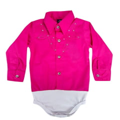 Body Infantil Laço Forte Modelo Camisa Manga Longa Rosa Pink Com Pedraria Rosa E Estrelas Ref:432