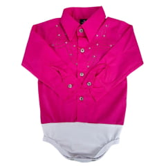 Body Infantil Laço Forte Modelo Camisa Manga Longa Rosa Pink Com Pedraria Rosa E Estrelas Ref:432