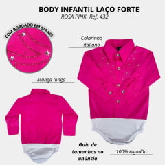 Body Infantil Laço Forte Modelo Camisa Manga Longa Rosa Pink Com Pedraria Rosa E Estrelas Ref:432