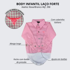 Body Infantil Laço Forte Xadrez Rosa/Branco Manga Longa Logo Rosa Ref:396