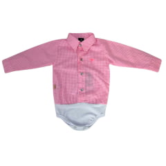 Body Infantil Laço Forte Xadrez Rosa/Branco Manga Longa Logo Rosa Ref:396