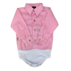 Body Infantil Laço Forte Xadrez Rosa/Branco Manga Longa Logo Rosa Ref:396