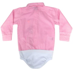 Body Infantil Laço Forte Xadrez Rosa/Branco Manga Longa Logo Rosa Ref:396