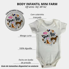 Body Infantil Mini Farm Cor Off White Manga Curta Com Estampa De Bichos Ref:MF142