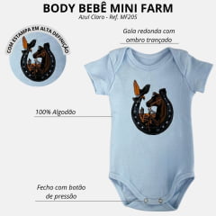 Body Infantil Mini Farm Manga Curta Azul Claro Estampa Ferradura Horse Ref MF205