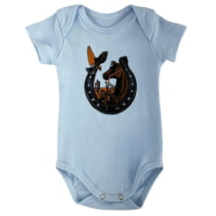 Body Infantil Mini Farm Manga Curta Azul Claro Estampa Ferradura Horse Ref MF205