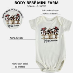 Body Infantil Mini Farm Manga Curta Off White Estampa Herd Vaquinhas Na Cerca Ref MF234