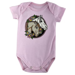 Body Infantil Mini Farm Manga Curta Rosa Estampa Cavalos e Flores Ref MF235
