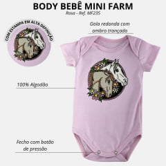 Body Infantil Mini Farm Manga Curta Rosa Estampa Cavalos e Flores Ref MF235