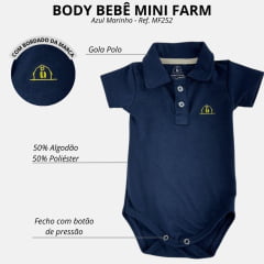 Body Infantil Mini Farm Modelo Polo Manga Curta Azul Marinho Com Logo Amarelo Ref MF252
