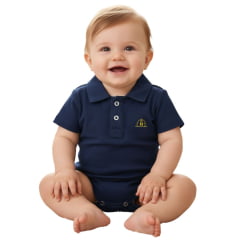 Body Infantil Mini Farm Modelo Polo Manga Curta Azul Marinho Com Logo Amarelo Ref MF252