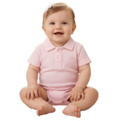 Body Infantil Mini Farm Modelo Polo Manga Curta Rosa Com Logo Bordado Branco Ref MF251