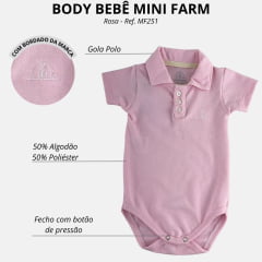 Body Infantil Mini Farm Modelo Polo Manga Curta Rosa Com Logo Bordado Branco Ref MF251