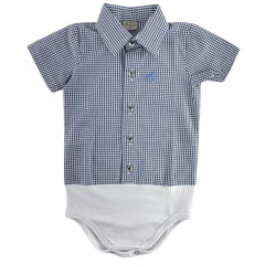 Body Infantil Baby Ranch Estilo Camisa Manga Curta Xadrez Azul Logo Azul Ref: 4002