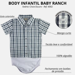Body Infantil Baby Ranch Estilo Camisa Manga Curta Xadrez Cinza Logo Prata Ref: 4002
