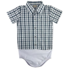 Body Infantil Baby Ranch Estilo Camisa Manga Curta Xadrez Cinza Logo Prata Ref: 4002