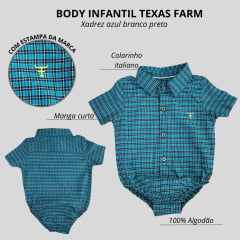 Body Infantil Texas Farm Manga Curta Estilo Camisa Xadrez Azul/Branco Com Logo Amarelo Ref:DIVBD