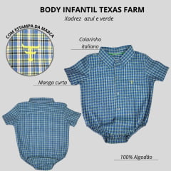 Body Infantil Texas Farm Manga Curta Estilo Camisa Xadrez Azul/Verde Com Logo Amarelo Ref:DIVBD