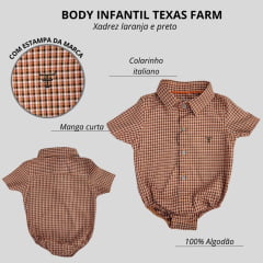 Body Infantil Texas Farm Manga Curta Estilo Camisa Xadrez Laranja/Preto Com Logo Preto Ref:DIVBD