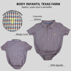 Body Infantil Texas Farm Manga Curta Estilo Camisa Xadrez Preto/Azul/Vermelho Com Logo Amarelo Ref:DIVBD