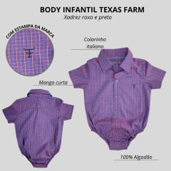 Body Infantil Texas Farm Manga Curta Estilo Camisa Xadrez Roxo/Laranja Com Logo Preto Ref:DIVBD