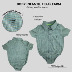 Body Infantil Texas Farm Manga Curta Estilo Camisa Xadrez Verde/Preto Com Logo Verde Ref:DIVBD