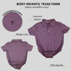 Body Infantil Texas Farm Manga Curta Estilo Camisa Xadrez Vermelho/Azul Com Logo Preto Ref:DIVBD