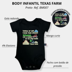 Body Infantil Texas Farm Manga Curta Preto e Verde - Ref. BM007 - Escolha a cor