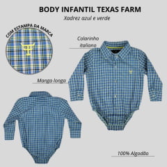 Body Infantil Texas Farm Manga Longa Estilo Camisa Xadrez Azul/Verde Com Logo Amarelo Ref:DIV BD