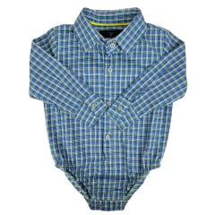 Body Infantil Texas Farm Manga Longa Estilo Camisa Xadrez Azul/Verde Com Logo Amarelo Ref:DIV BD