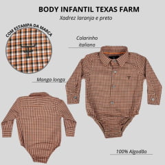 Body Infantil Texas Farm Manga Longa Estilo Camisa Xadrez Laranja/Preto Com Logo Preto Ref:DIV BD