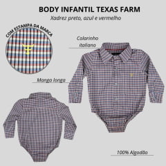 Body Infantil Texas Farm Manga Longa Estilo Camisa Xadrez Preto/Azul/Vermelho Com Logo Amarelo Ref:DIV BD