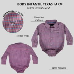 Body Infantil Texas Farm Manga Longa Estilo Camisa Xadrez Vermelho/Azul Com Logo Preto Ref:DIV BD