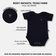 Body Infantil Texas Farm Preto Manga Curta Com Logo Laranja Pequena Ref.BM009