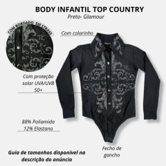 Body Infantil Top Country Preto Manga Longa Bordado Com Pedras De Strass Ref.Glamour