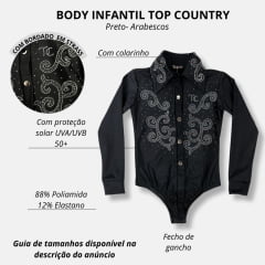 Body Infantil Top Country Preto Manga Longa Bordado Com Pedras Em Arabescos Ref.Arabesco