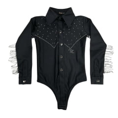 Body Infantil Top Country Preto Manga Longa Com Franjas De Strass Nas Mangas