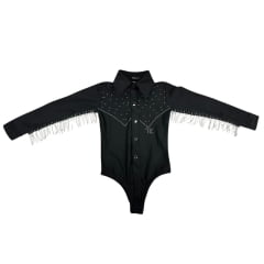 Body Infantil Top Country Preto Manga Longa Com Franjas De Strass Nas Mangas