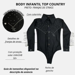 Body Infantil Top Country Preto Manga Longa Com Franjas De Strass Nas Mangas