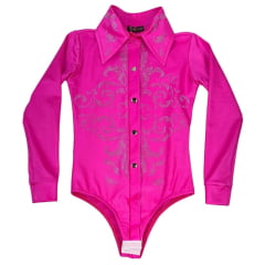 Body Infantil Top Country Rosa Manga Longa Bordado Com Pedras De Strass Ref.Glamour