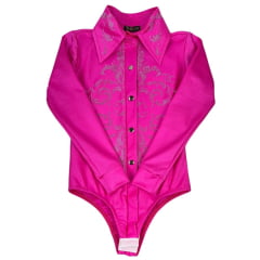 Body Infantil Top Country Rosa Manga Longa Bordado Com Pedras De Strass Ref.Glamour