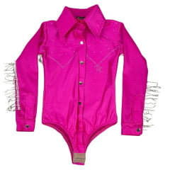 Body Infantil Top Country Rosa Manga Longa Com Franja Na Manga Em Strass Ref.Franja