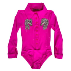 Body Infantil Wanessa West Dust Pimenta Rosa Manga Longa Detalhe Cavalinho Bordado Strass Ref:BD29474