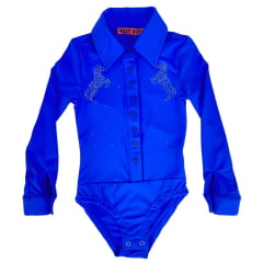 Body Infantil West Dust Manga Longa Azul Royal Horse C/ Colarinho e Bordado de Cavalo em Strass Ref: BD28167