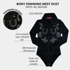 Body Infantil West Dust Preto Manga Longa Com Ferradura E Flor De Liz De Strass Corina-REF:BD29390