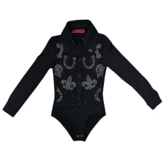 Body Infantil West Dust Preto Manga Longa Com Ferradura E Flor De Liz De Strass Corina-REF:BD29390