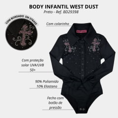 Body Infantil West Dust Preto Martina Manga Longa Com Cruz e Tambor em Strass - REF: BD29398