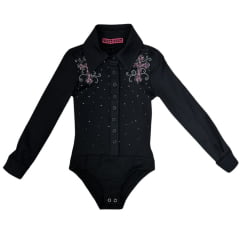 Body Infantil West Dust Preto Martina Manga Longa Com Cruz e Tambor em Strass - REF: BD29398